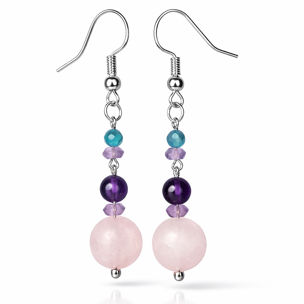 Rosenquarz Ohrringe mit Amethyst & Apatit – handgemacht
