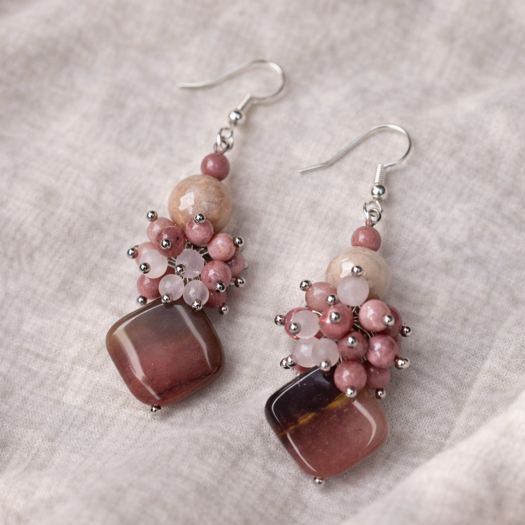 Eleganter Ohrhänger aus Mokait, Mondstein, Rhodonit und Rosenquarz auf hellem Leinenhintergrund, handgefertigter Edelsteinschmuck mit harmonischer Farbwirkung und edlem Finish.