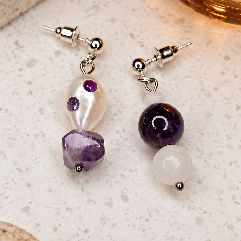 Asymmetrische Ohrringe mit Amethyst, Iolith und Süßwasserperlen – Sea Whisper Violet Muse von BE-Youniq
