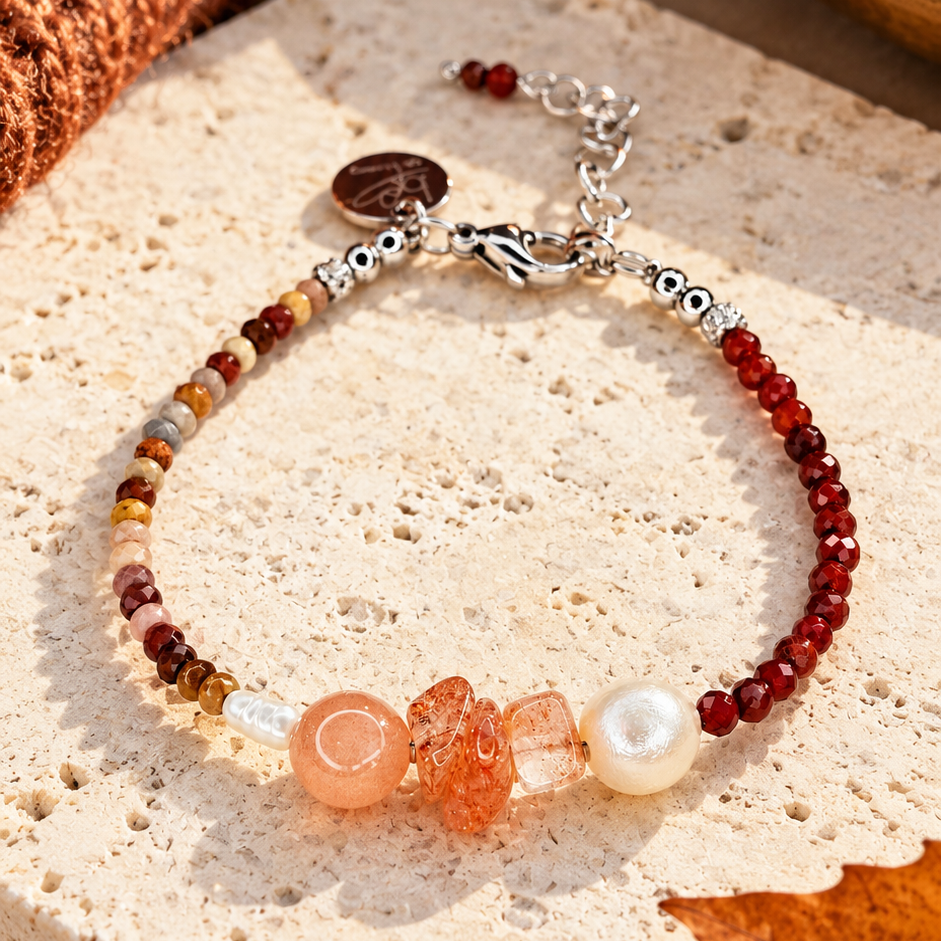 Sea Breeze Ambréa Edelsteinarmband – stilvolle Präsentation des handgefertigten Schmuckstücks in warmen Herbstfarben